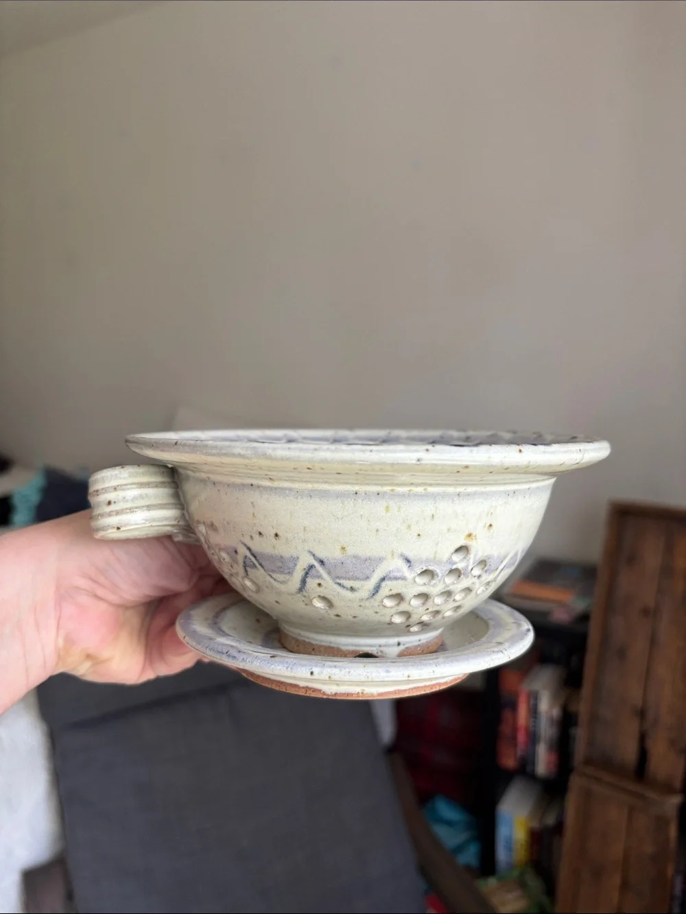 Handmade Ceramic Berry Bowl - Light Cream with Blue Accents